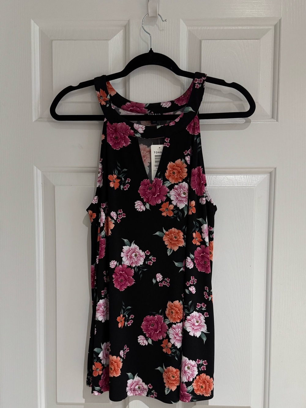 torrid Black Floral High-Neck Tank with Pink & Orange Blooms